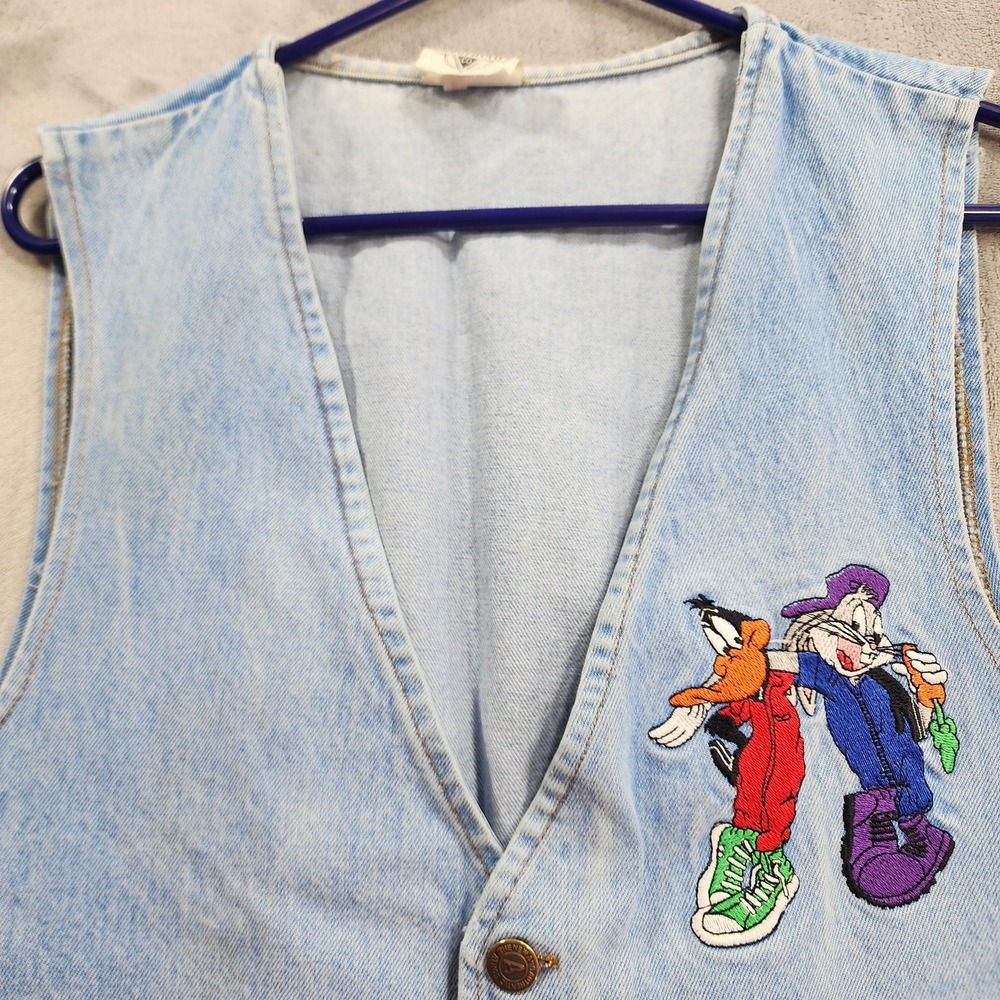 Vintage ACME Clothing Co Vest Mens L Blue Denim Bugs Bunny Daffy Duck Cartoon - Picture 3 of 14